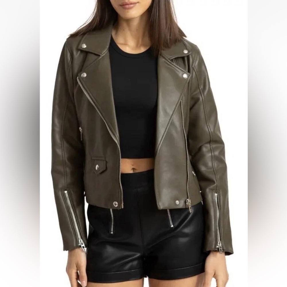 NWT BLANKNYC womens size XS olive green vegan leather cropped motojacket